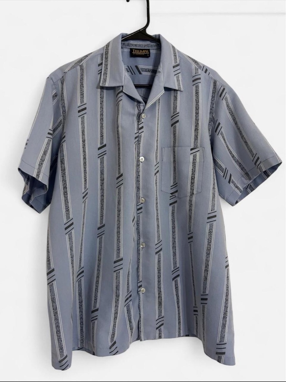 Vintage TRIUMPH Light Blue Vertical Stripe Short Sleeve Button-Up Shirt